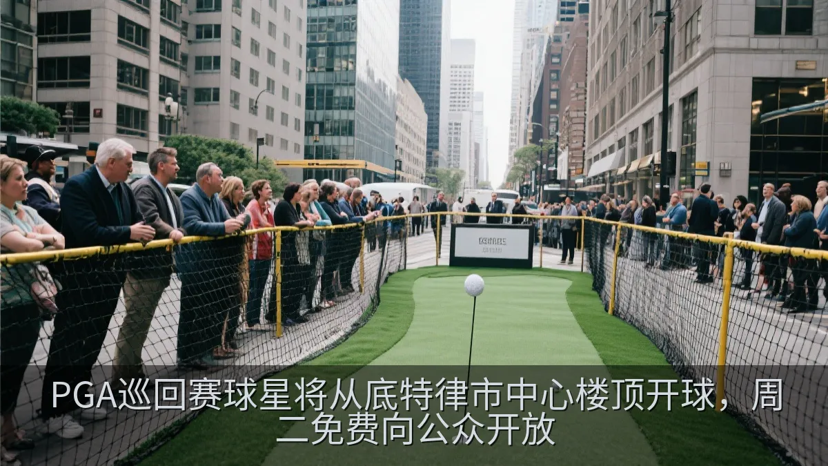 城市街道旁的临时高尔夫果岭与观众观赛区域